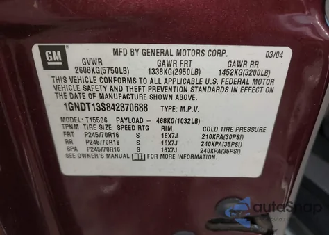 2004 Chevrolet Trailblazer Lt from USA, damaged, VIN 1GNDT13S842370688